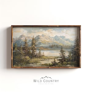 Vintage Summertime in Montana Art Print, Antique Mountain Art, Evergreen Forest Wall Art, Summer Cabin Decor, Lake Landscape Oil Painting
