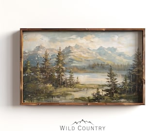 Vintage Summertime in Montana Art Print, Antique Mountain Art, Evergreen Forest Wall Art, Summer Cabin Decor, Lake Landscape Oil Painting