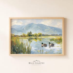 Retro wilde eend vijver poster, eend kinderkamer kunst aan de muur print, cabine decor, jongens slaapkamer decor, platteland print, vintage eend olieverfschilderij