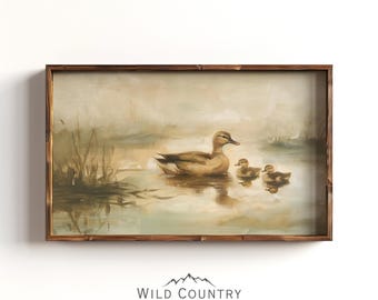 Printable Mama Mallard Duck Pond Art, Vintage Duck Oil Painting, Countryside Print, Cabin Decor, Mallard Duck Nursery Art, Bird Hunter Gift