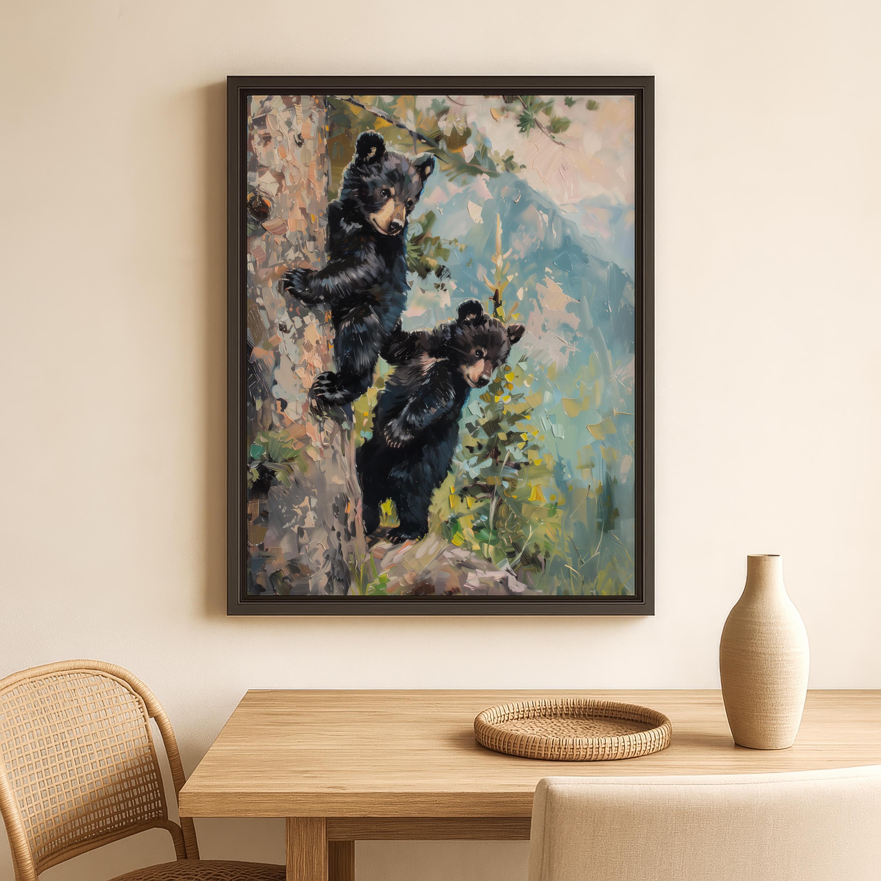 Framed Bear Cub Artwork Black Bear Picture Baby Room Wall Art