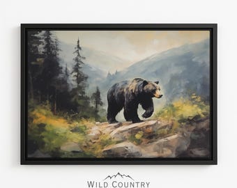 絵画。原画【ワイン好きの熊】 額装された黒熊の壁掛けアート、ヴィンテージの森の風景、野生動物の