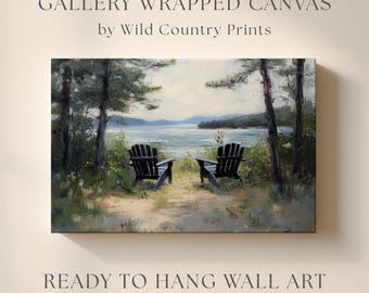 Pintura em tela de lago na montanha com paisagem suave e enevoada, arte de lago em Adirondack, quadro de floresta para pendurar na parede, decoração de banheiro e casa de campo na montanha.