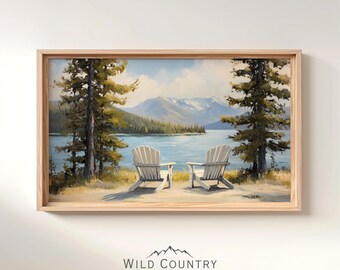 Chaises Adirondack imprimables, peinture vue lac, art mural montagne, art paysage vintage lac, impression pin, décoration murale cabane