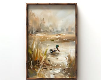 Stockente Ente Wandkunst Neutral Wildtier Gemälde Wasservögel Bauernhaus Dekor Rustikale Ente Druck Geschenk für Naturliebhaber Erdton Cabin Wanddekoration