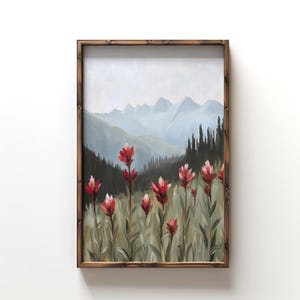 Vintage Indian Paintbrush Print, Indian Paintbrush Wildflowers, Red Wildflower Art Print, Floral Painting, Mountain Wall Art, Moody Wall Art