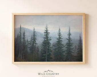 Mystic Forest Poster Print, Moody Oil Painting Print, Dark Academia Decor, Vintage Nature Landscape, Evergreen Pine Tree Painting, Cabin Art