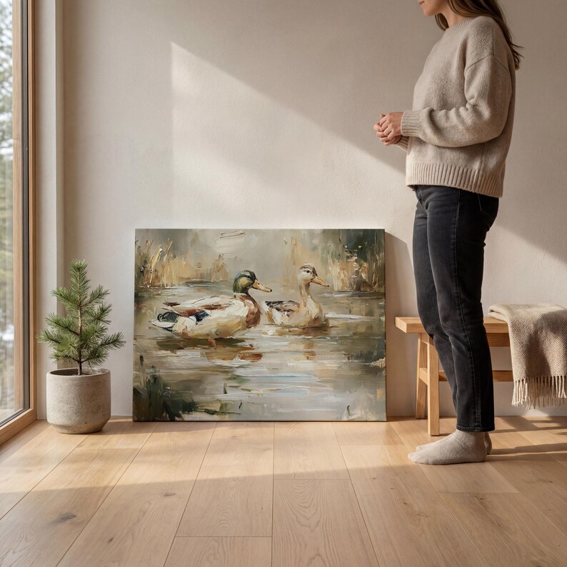 A woman stands in a room with a large painting of ducks swimming in a pond, which is the focal point of the image.