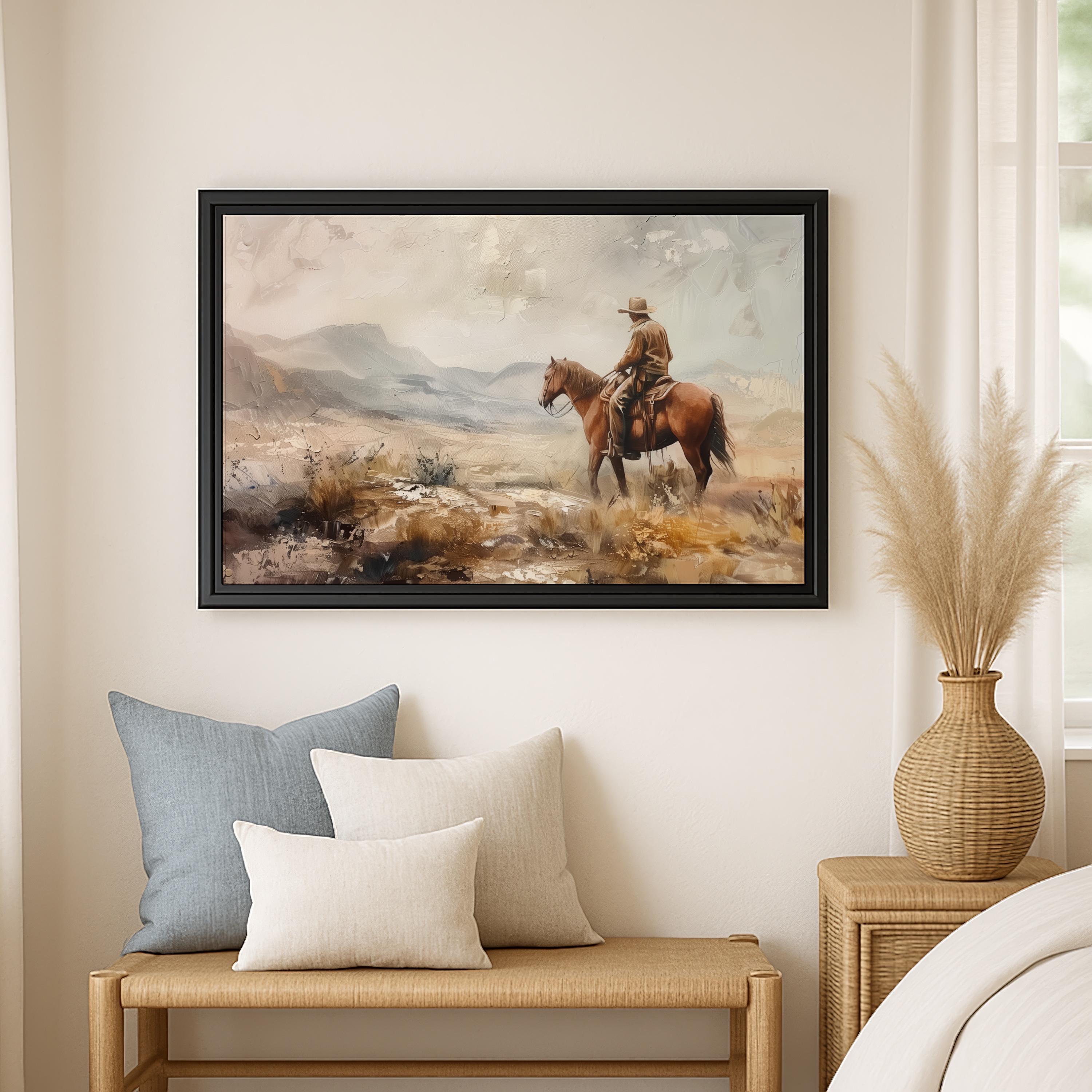 Framed Western Cowboy Canvas Vintage Mountain Painting Cowboy Print on ...