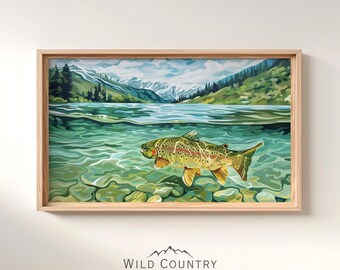 Printable Crystal Clear Trout Oil Painting, Fisherman Gift For Dad, Lake Painting, Vintage Mountain Art Trout Fish Art, Lake House Decor