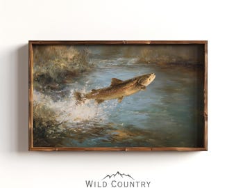 Lake House Wall Art Fish Painting Vintage Trout Fish Print Art for Man Cave Wall Decor Boy Bedroom Fishing Artwork Office Outdoor Nature Art