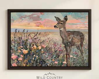 額装された子鹿のアートワーク、花の絵画、鹿のヴィンテージプリント