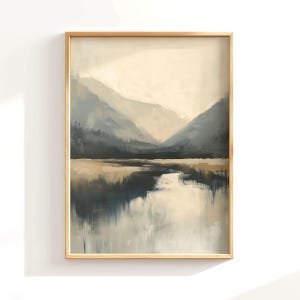 Dipinto antico di fiume smorzato stampabile, stampa artistica di montagna smorzata vintage, stampa di fiume rustico, arte murale beige, dipinto a olio di paesaggio malinconico
