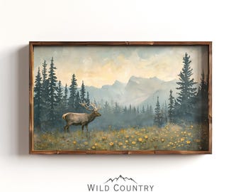 Vintage Bull Elk Painting, Yellow Flower Field Painting, Hunting Decor, Woodland Animal Poster Print, Mountain Landscape, Pine Tree Wall Art