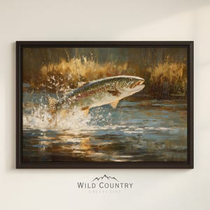 Framed Fishing Art Print Trout Canvas Vintage Fly Fishing Painting Lake Landscape Art Fish Wall Decor Rustic Nature Scene Art for Cabin Room