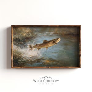 Art mural maison au bord du lac, peinture vintage poisson truite, impression d'art pour homme des cavernes, décoration murale de chambre pour garçon, oeuvre de pêche, bureau, art de la nature en plein air