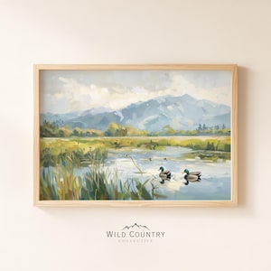 Retro wilde eend vijver poster, jongens slaapkamer decor, eend kinderkamer kunst aan de muur print, vintage eend olieverfschilderij, landschap print, cabine decor