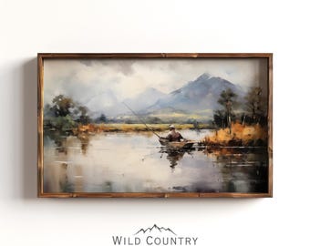 Lake Fisherman Decor Vintage Fishing Art Print Rustic Mountain Landscape Muted Watercolor Fishing Painting Outdoors Fisherman Gift for Dad