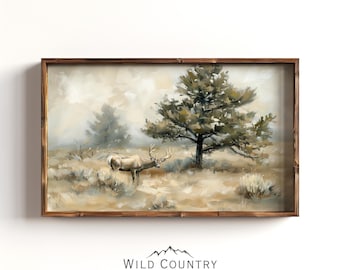 Antique Forest Art Print, Mule Deer Print, Vintage Woodland Room, Rustic Deer Landscape Painting, Cabin Wall Art, Man Cave Hunting Decor