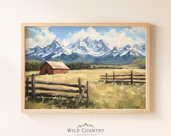 Old Red Barn Poster Print, Snow Capped Mountains Painting, Vintage Wooden Barn Print, Farmhouse Wall Art, Rustic Home Decor, Countryside Art