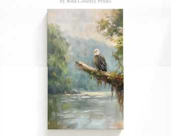 Bald Eagle Perched on a Branch Over a River Print on Canvas for Bird Lovers Looking for Wildlife Wall Art for Their Home or Cabin