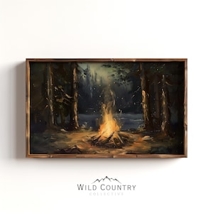 Rustikales Lagerfeuer Ölgemälde, Camping Thema Wandkunst, Dunkle Wandkunst, Moody Pine Tree Poster Print, Vintage Wald Malerei, Cabin Wanddekor