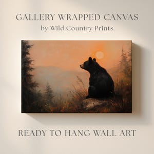 Adorable Black Bear Canvas, Sunset Sky Painting, Bear Cub Painting, Vintage Forest Art Print, Mountain Landscape, Woodland Nursery Decor