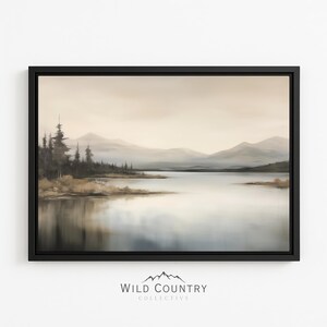 Framed Lake Painting Muted Canvas Mountain Print Vintage Lake Forest Print Calm Pine Tree Painting Rustic Cabin Decor Mountain Lake Wall Art
