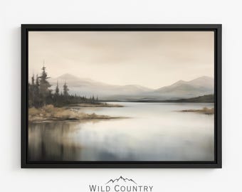 Framed Lake Painting Muted Canvas Mountain Print Vintage Lake Forest Print Calm Pine Tree Painting Rustic Cabin Decor Mountain Lake Wall Art