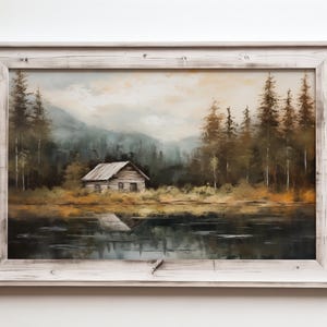 Old Wood Lake Cabin Oil Painting, Moody Mountain Landscape Wall Art ...