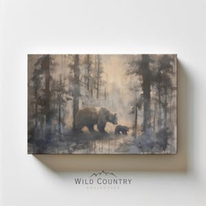 Bear Cub Nursery Wall Art, Brown Bear Canvas, Vintage Mama Bear Oil Painting, Woodland Nursery Decor, New Mom Baby Gift, Kids Room Wall Art