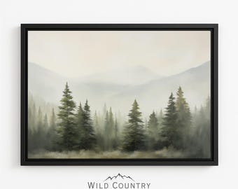 Framed Pine Tree Wall Art Forest Landscape Canvas Print Pine Tree Evergreen Forest Painting Vintage Mountain Wall Art Muted Woods Cabin Art
