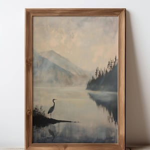 a painting of a bird sitting on a tree branch in front of a lake
