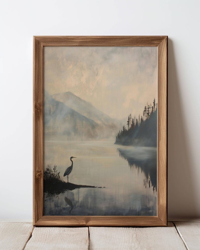 a painting of a bird sitting on a tree branch in front of a lake