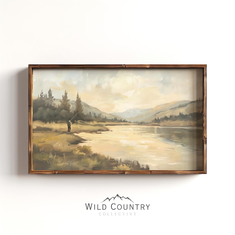 a painting hanging on a wall above a wooden frame