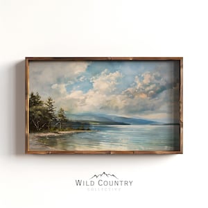 Muted Lake Oil Painting, Flathead Lake Montana Wall Art, Vintage Mountain Poster, Vintage Art Print, Cabin Wall Decor, Montana Painting
