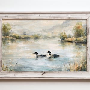 two ducks swimming in a calm lake, surrounded by lush greenery and a cloudy sky.