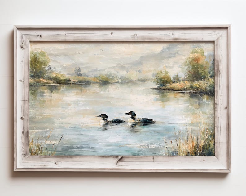 two ducks swimming in a calm lake, surrounded by lush greenery and a cloudy sky.