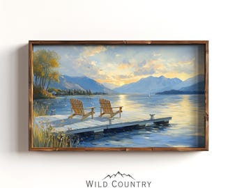 Vintage Adirondack Chairs Poster, Lake View Painting, Mountain Wall Art, Boat Dock Print, Montana Painting, Lake Landscape Art, Cabin Decor