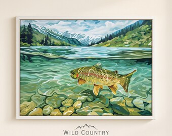 額装されたマスのキャンバス絵画、釣りアートプリント、レトロなマスの