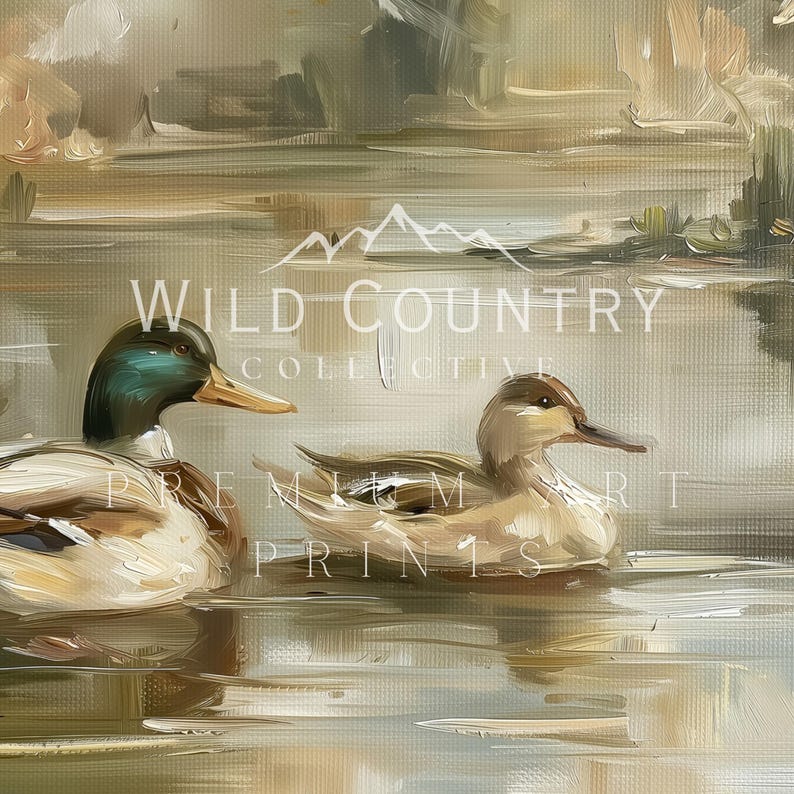 two ducks swimming in a body of water, with a mountainous landscape in the background.