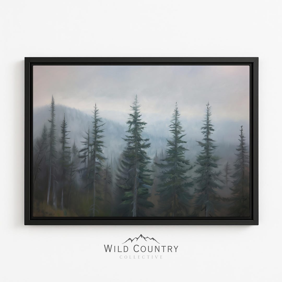 Framed Misty Pine Forest Canvas Wall Art Dark Evergreen Tree Landscape ...
