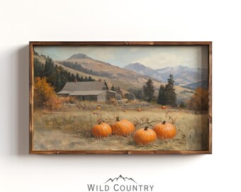 Printable Vintage Pumpkin Patch Painting, Fall Farmhouse Decor, Antique Fall Landscape Painting, Pumpkin Painting, Halloween Autumn Wall Art