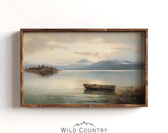 Rustic Sunset Lake Painting, Canoe Painting, Montana Landscape Print, Vintage Mountain Wall Art, Lake House Decor, Calm Lake Landscape Art