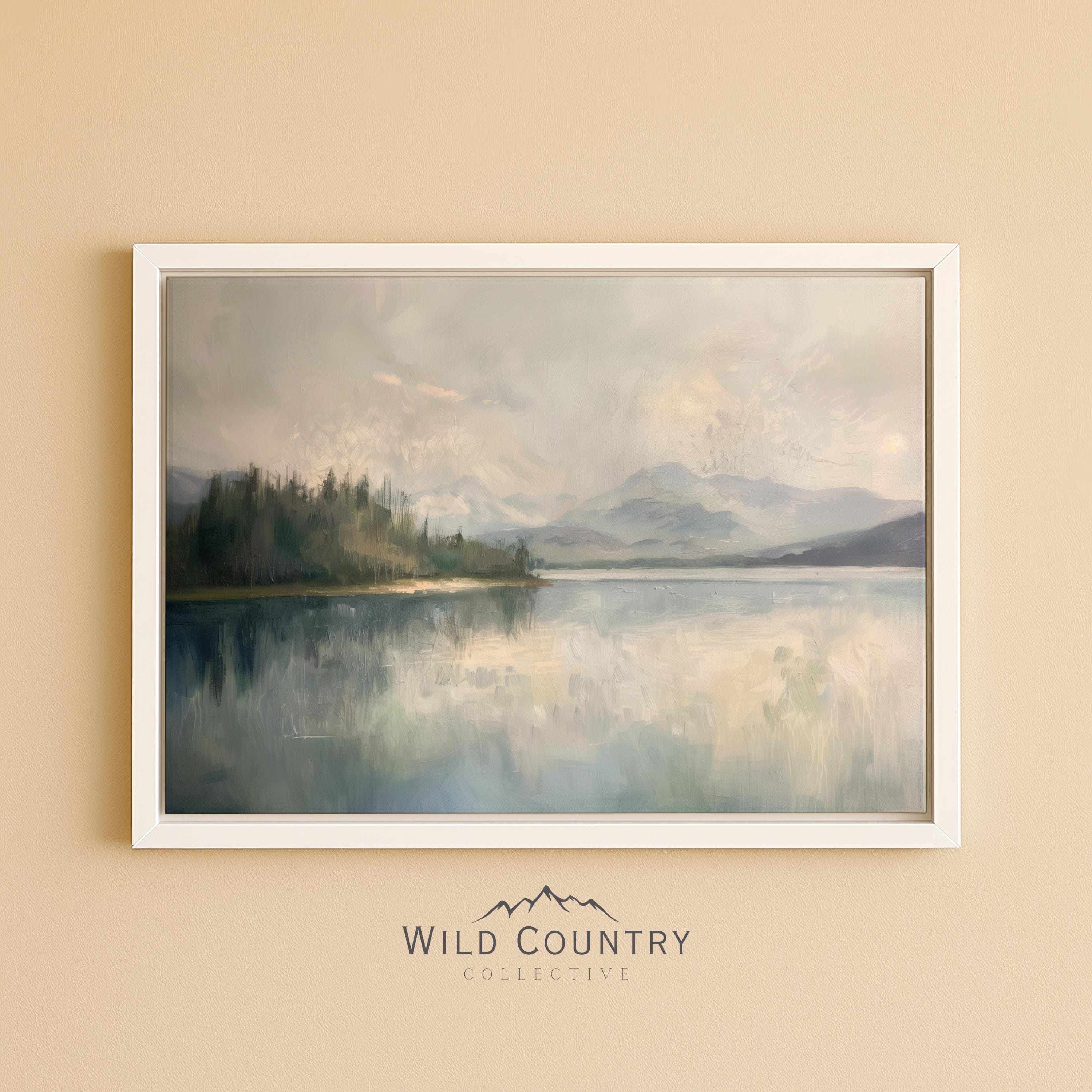 フレーム付きキャンバス 穏やかな湖の絵画 自然風景 モンタナ湖の風景