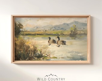 Printable Mallard Ducks Oil Painting, Bird Hunter Gift, Farmhouse Wall Decor, Cabin Decor, Vintage Mountain Painting, Woodland Nursery Decor
