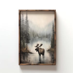 Muted Moose Lake Print Rustic Moose Painting Forest Lake Scene Wildlife Artwork Moose Nursery Room Decor Blue Mountain Landscape Art Print