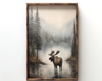 Muted Moose Lake Print Rustic Moose Painting Forest Lake Scene Wildlife Artwork Moose Nursery Room Decor Blue Mountain Landscape Art Print