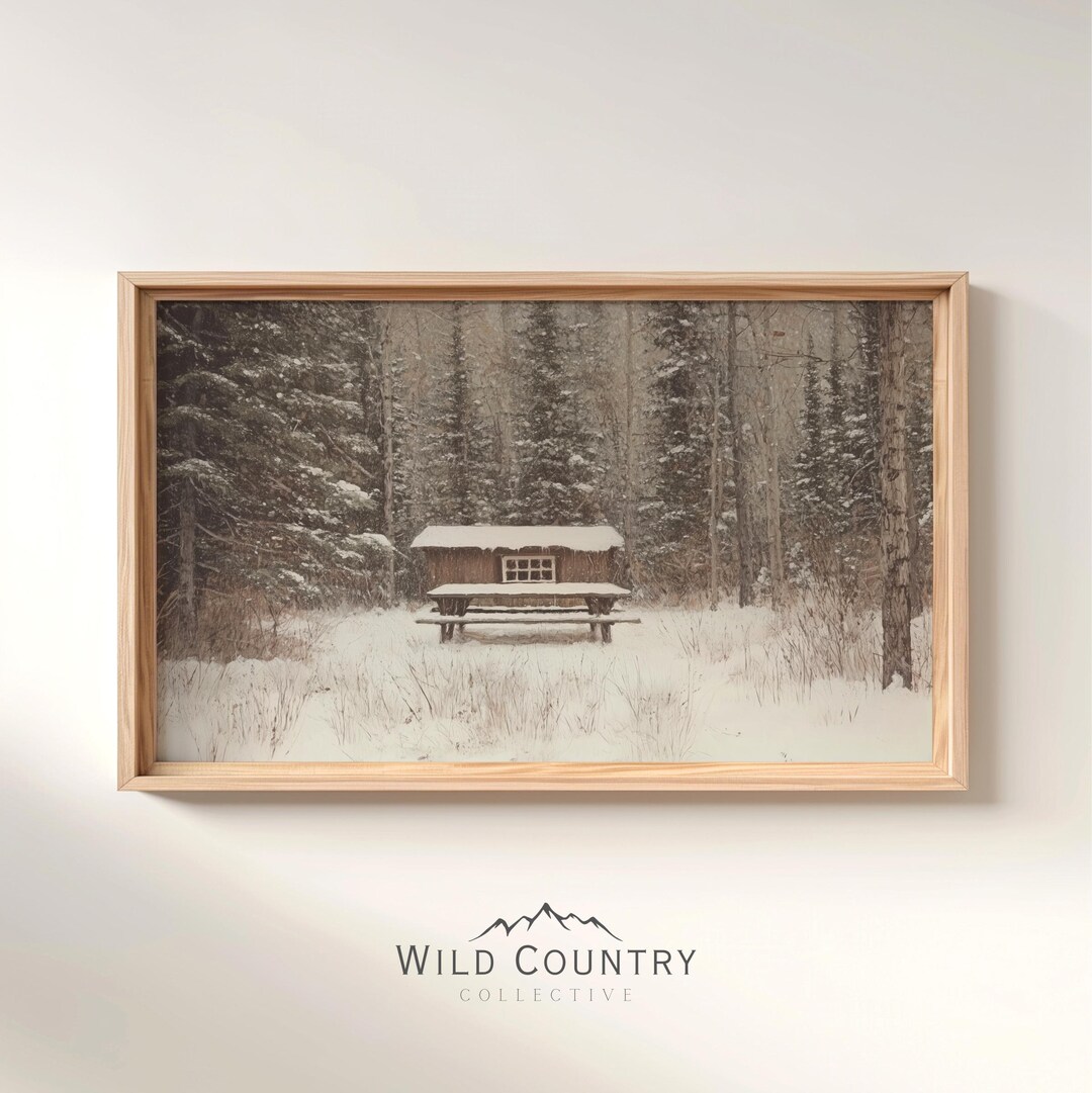 Printable Rustic Winter Cabin Painting Vintage Winter Wall Art Snowy