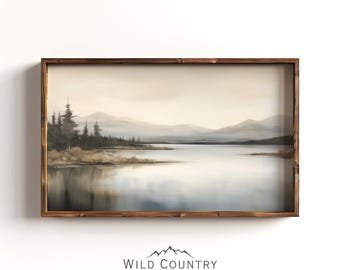 Muted Lake Art Print, Rustic Lake Painting, Lake View Landscape Painting, Montana Lake Wall Art, Vintage Mountain Print, Cabin Wall Decor